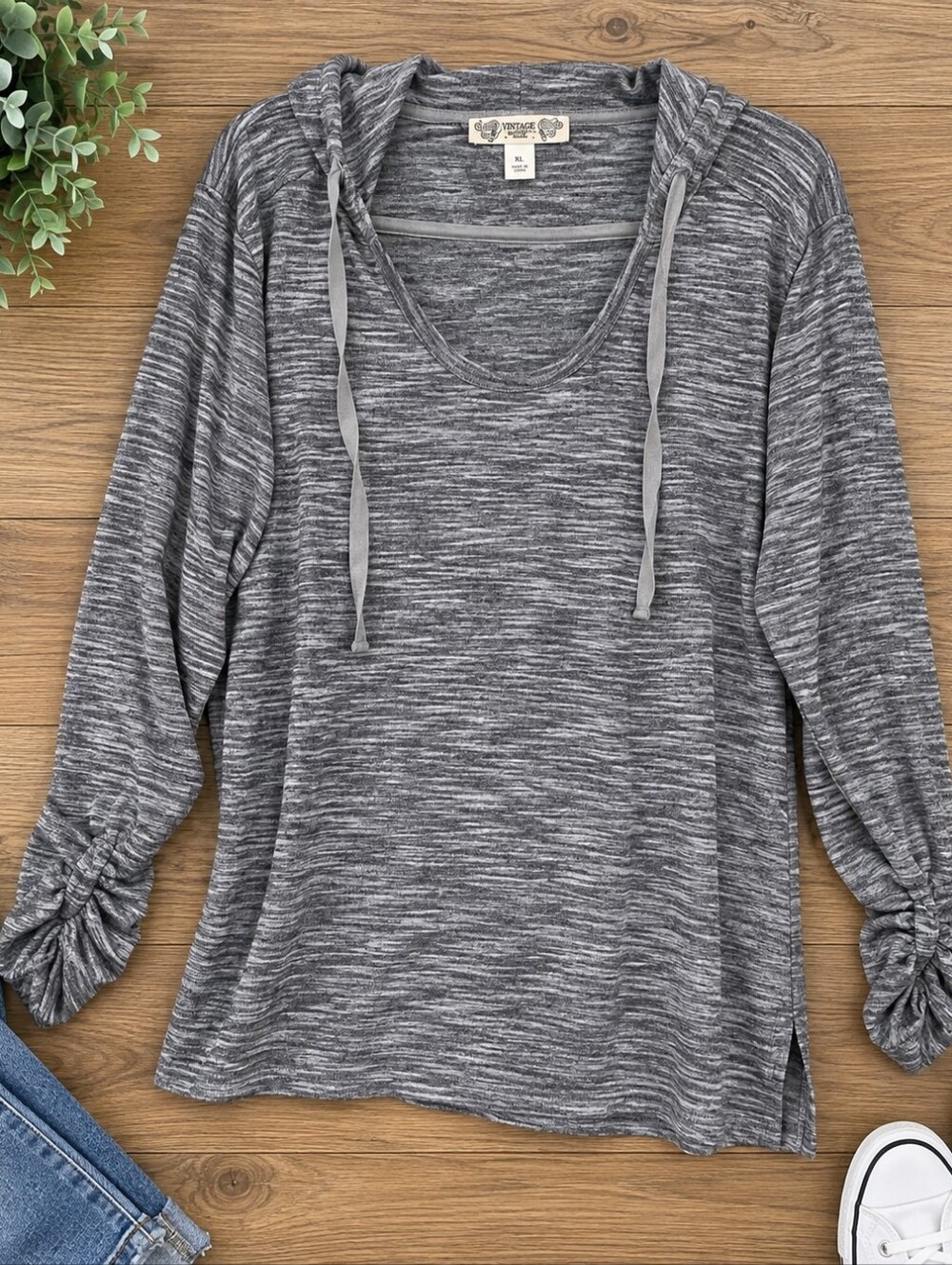 Gray Marled Hooded Long-Sleeve Pullover Hoodie